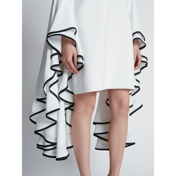 Women's Elegant Bell Sleeve Dress with Contrast Trim - Solid Color A-Line Short - Picture 1 of 5